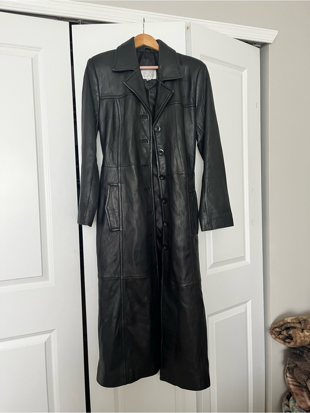 Valerie Stevens Black Leather Long Trench Coat